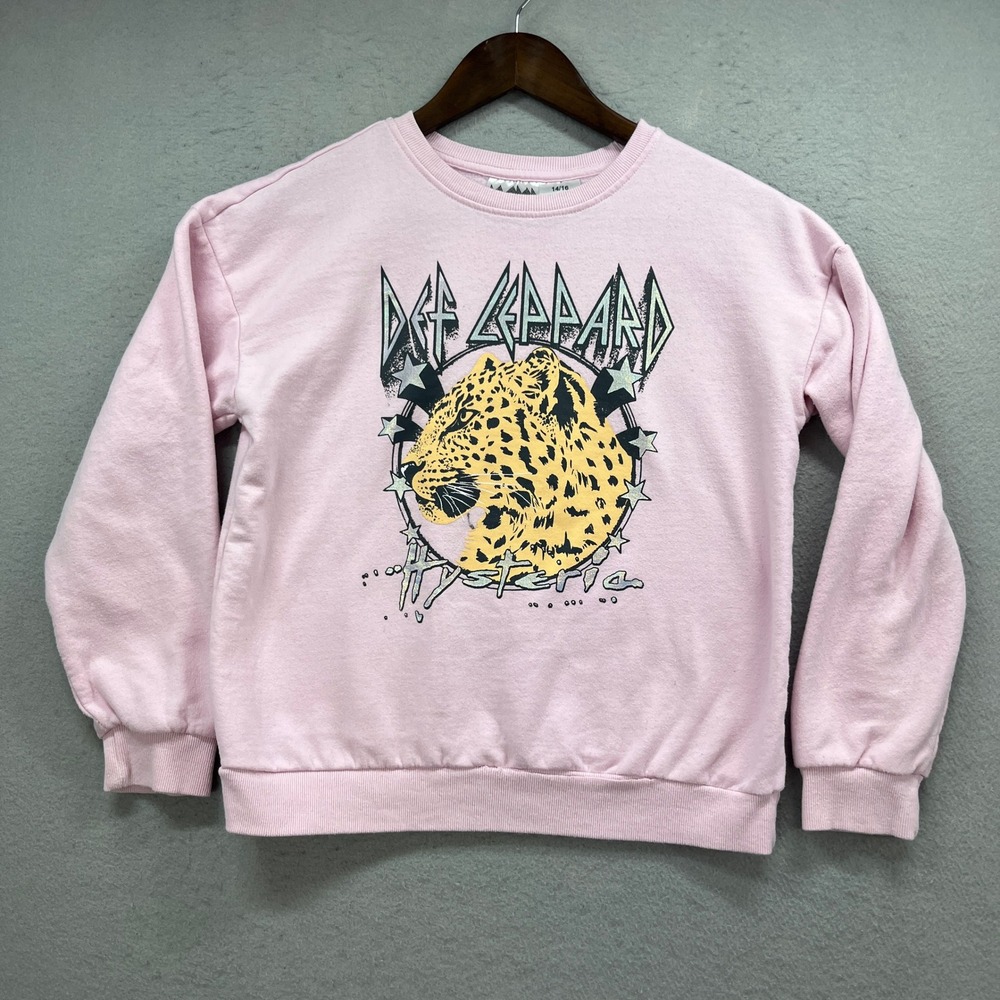 Def Leppard Sweatshirt Girls 14/16 Pink Hysteria Leopard Rock Band Music Cozy